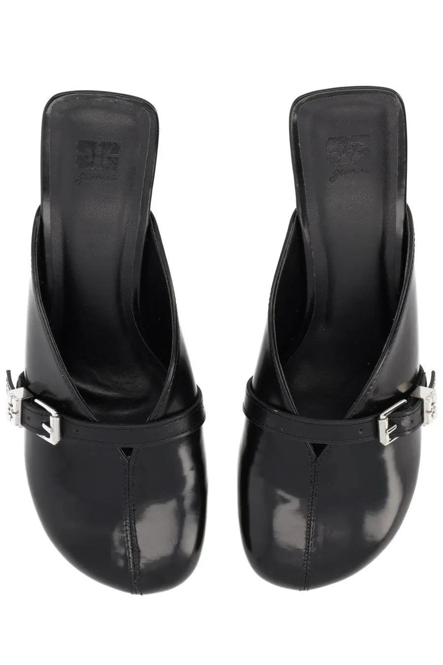 Ganni women’s mules black patent leather with silver-tone buckle straps front view