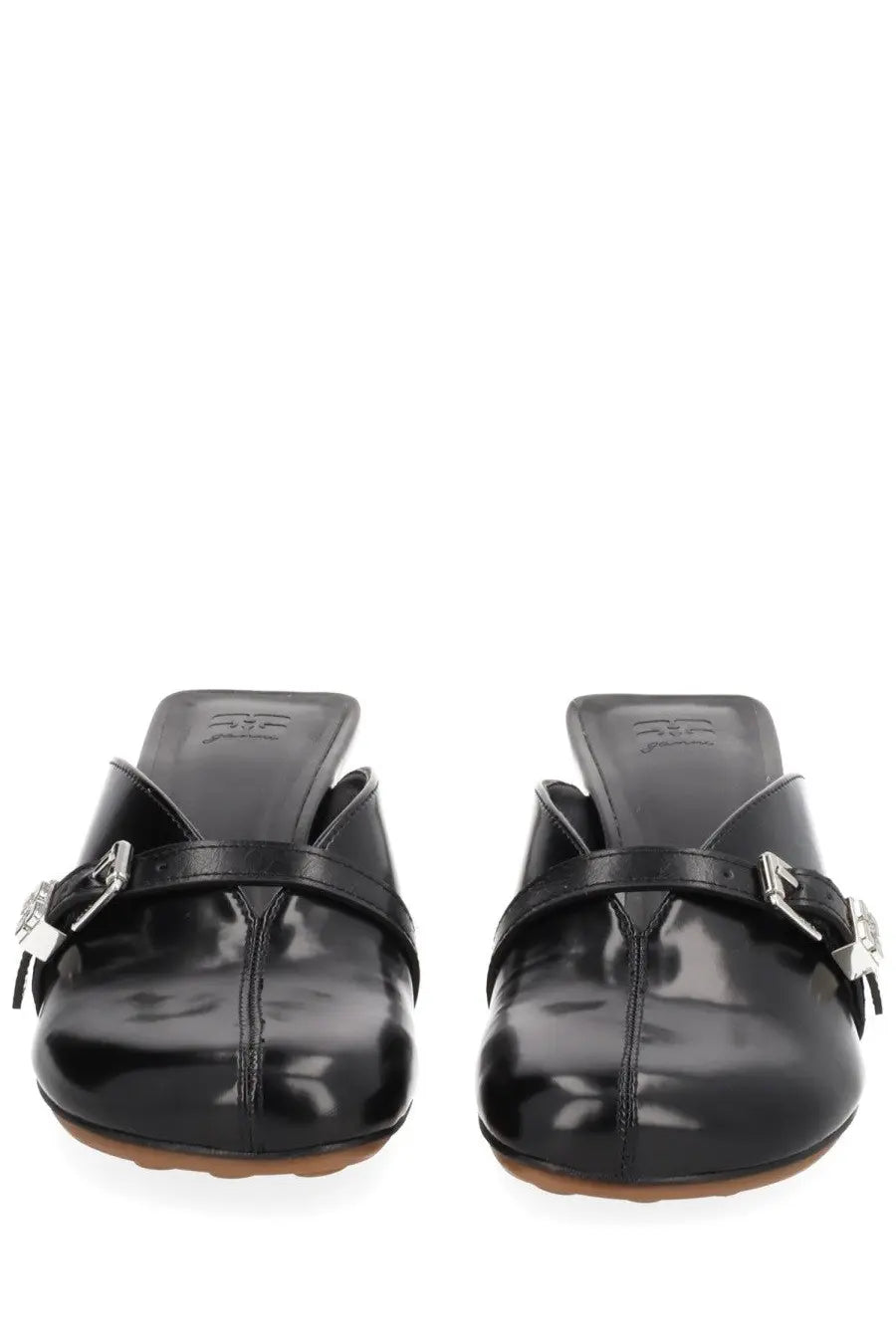 Ganni women’s black patent leather mules with silver-toned buckle details and open back design