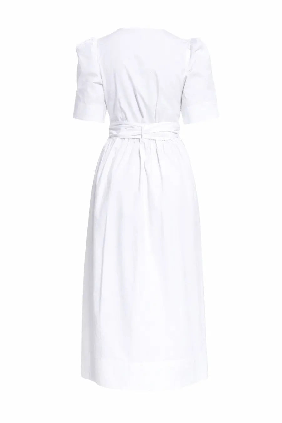 Ganni women’s neck midi dress white with puffed short sleeves and a self-tie belt in lightweight fabric