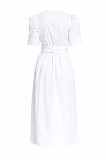Ganni women’s neck midi dress white with puffed short sleeves and a self-tie belt in lightweight fabric