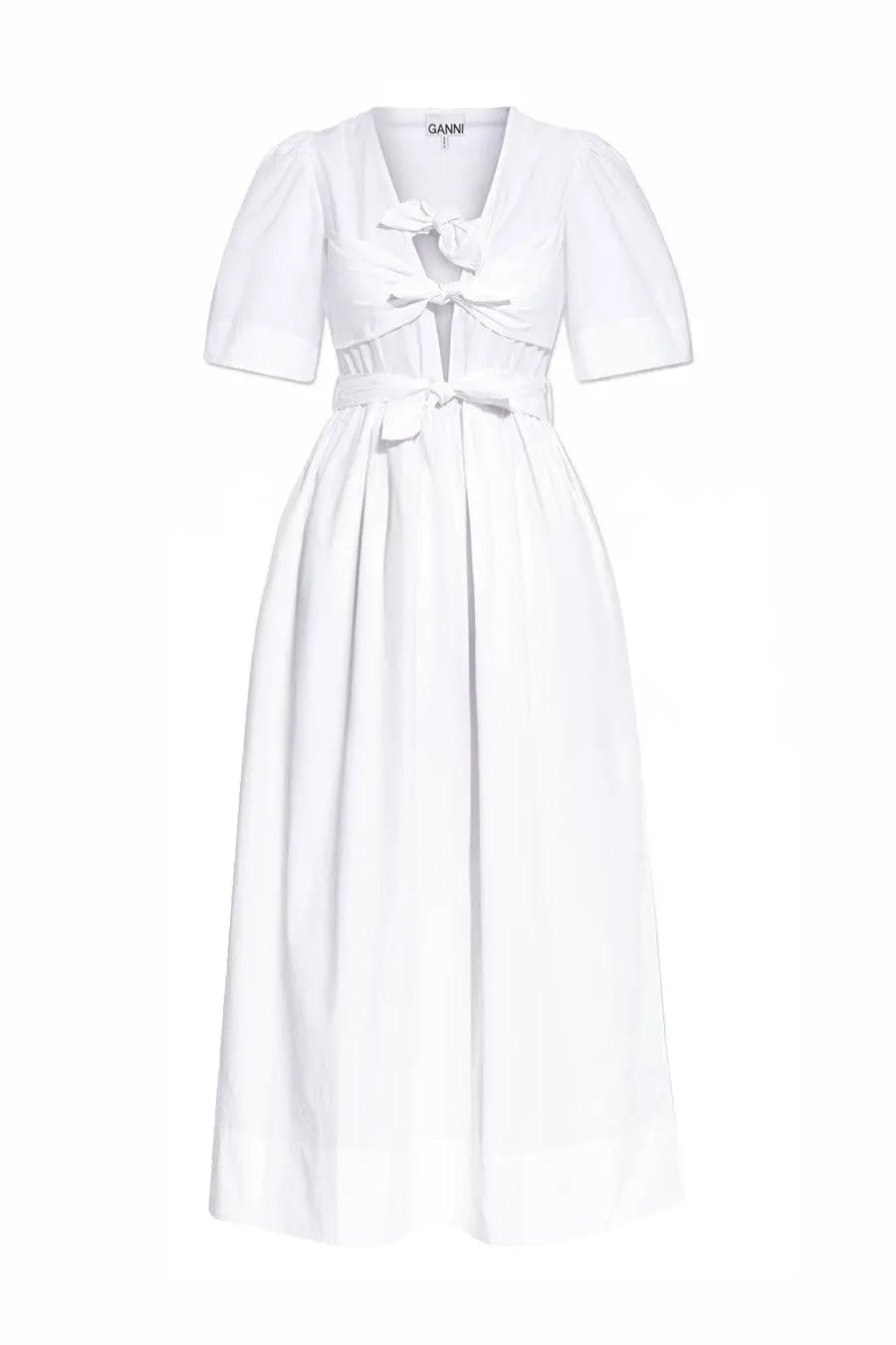 Ganni women’s neck midi dress in white with puffed short sleeves tied bow at neckline and waist smooth fabric