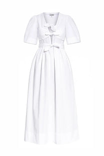 Ganni women’s neck midi dress in white with puffed short sleeves tied bow at neckline and waist smooth fabric