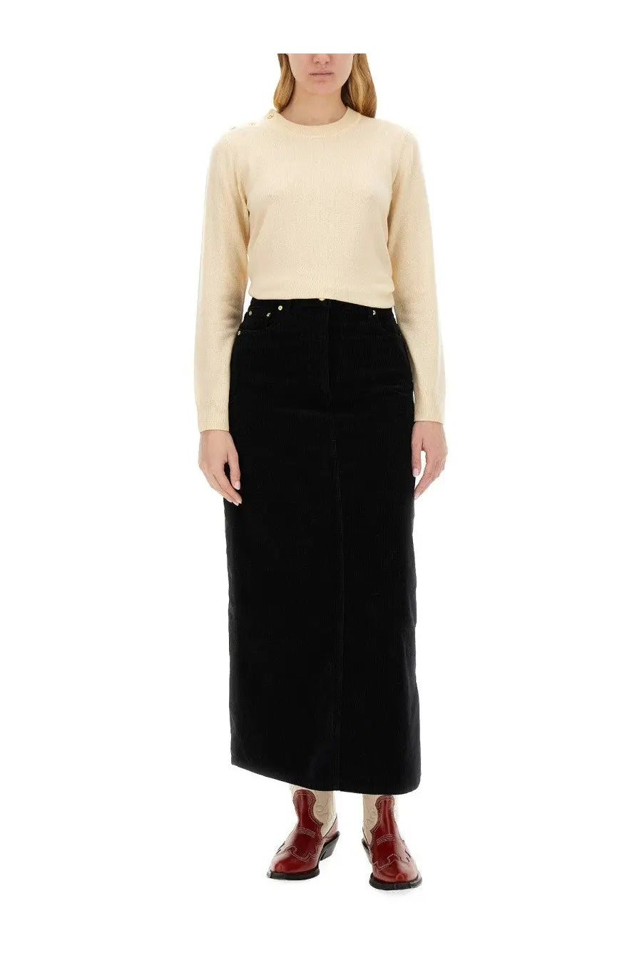 Black velvet midi skirt with high waist and front seam detail paired with white ganni women’s neck shirt