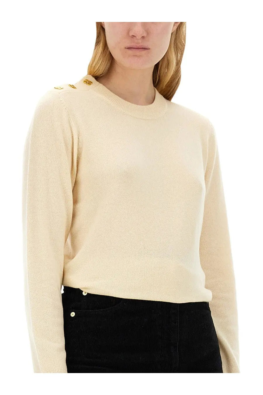 Cream-colored knit sweater with gold-tone button details on shoulders from ganni womens neck shirt white collection