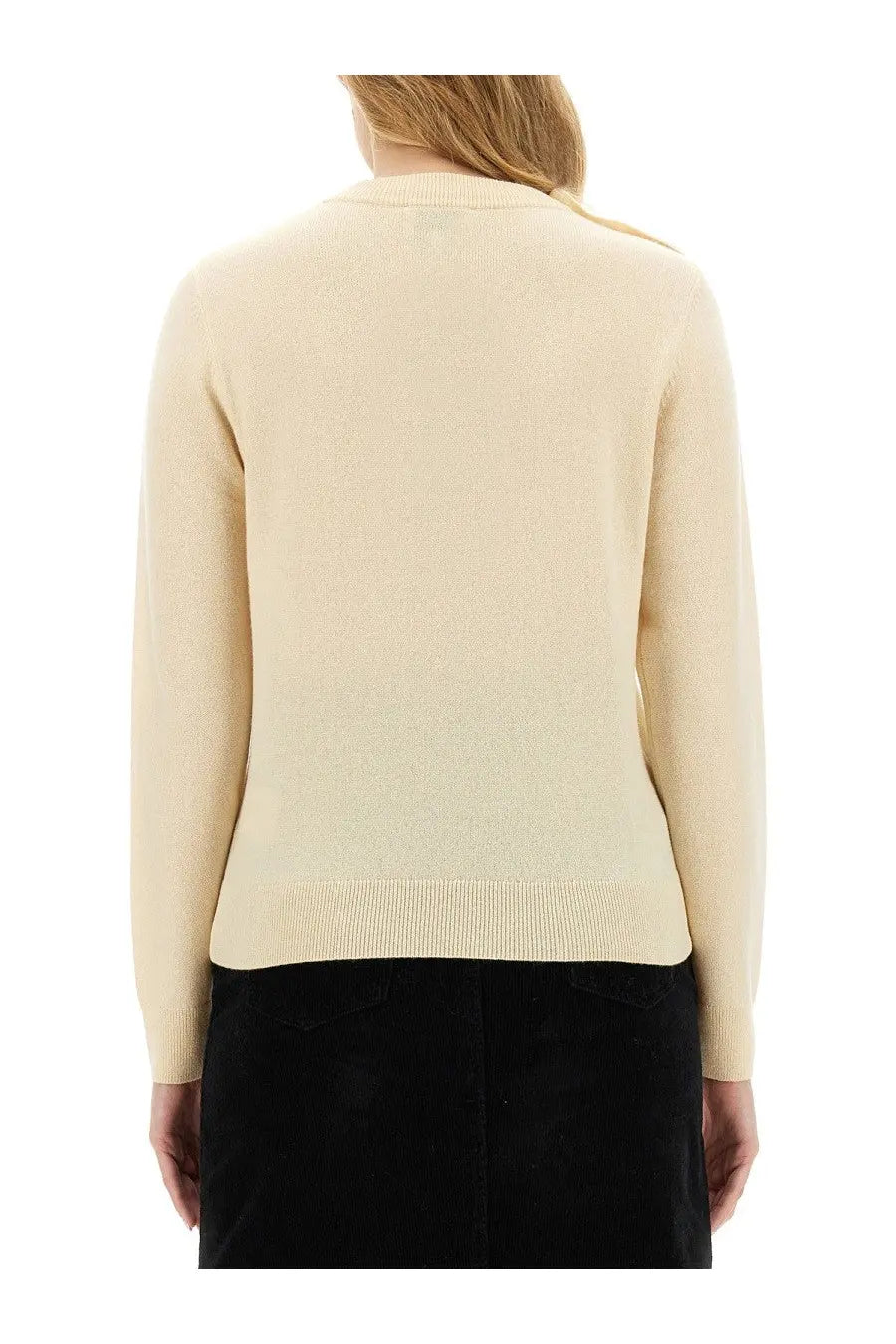 Ganni women’s cream-colored long-sleeved knit sweater with ribbed hem and cuffs in a neck shirt style
