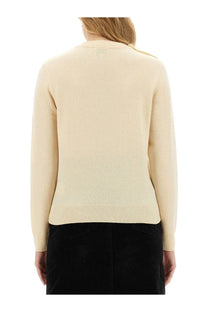 Ganni women’s cream-colored long-sleeved knit sweater with ribbed hem and cuffs in a neck shirt style