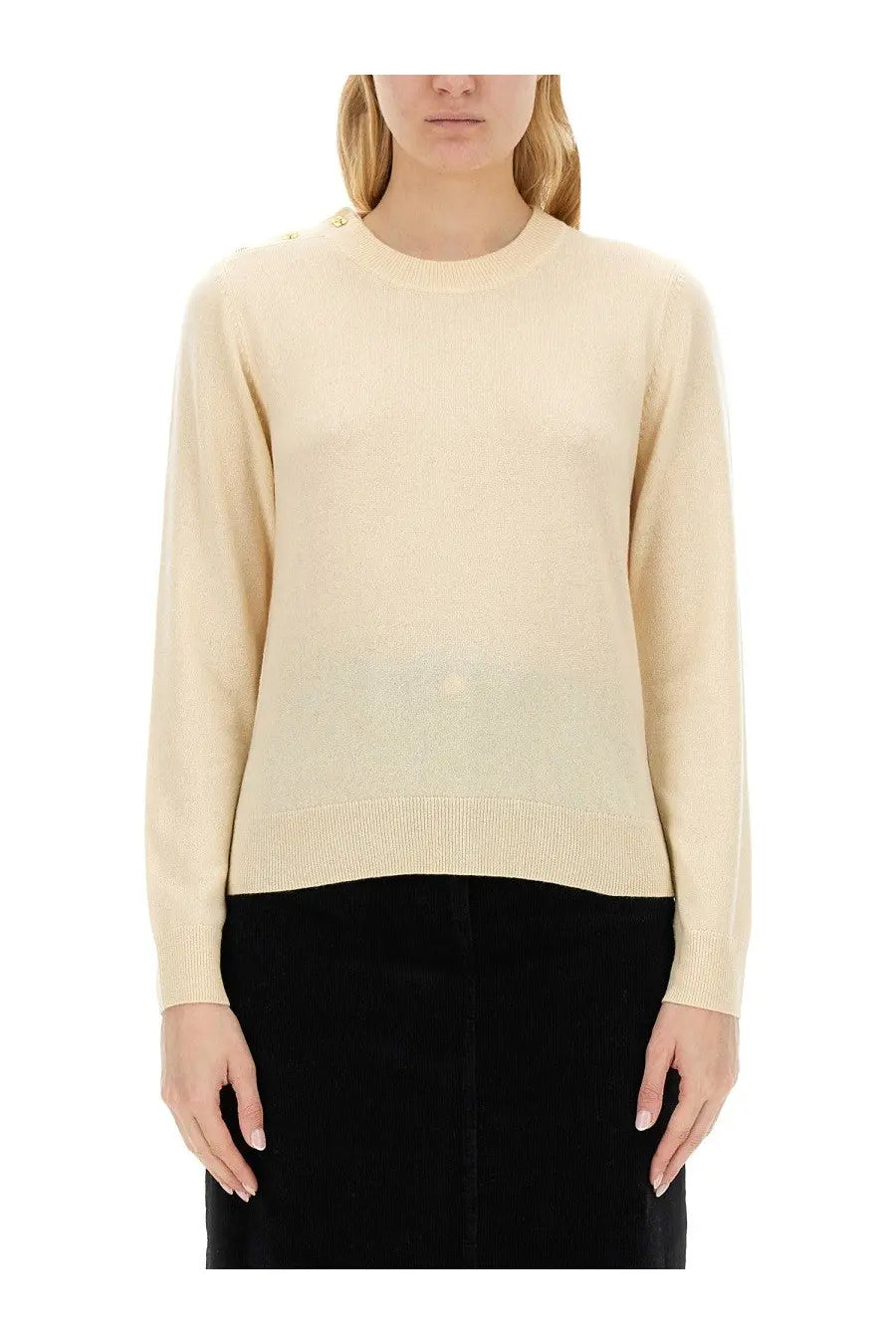 Ganni women’s cream-colored knit sweater with long sleeves ribbed hem and cuffs in white neck shirt style