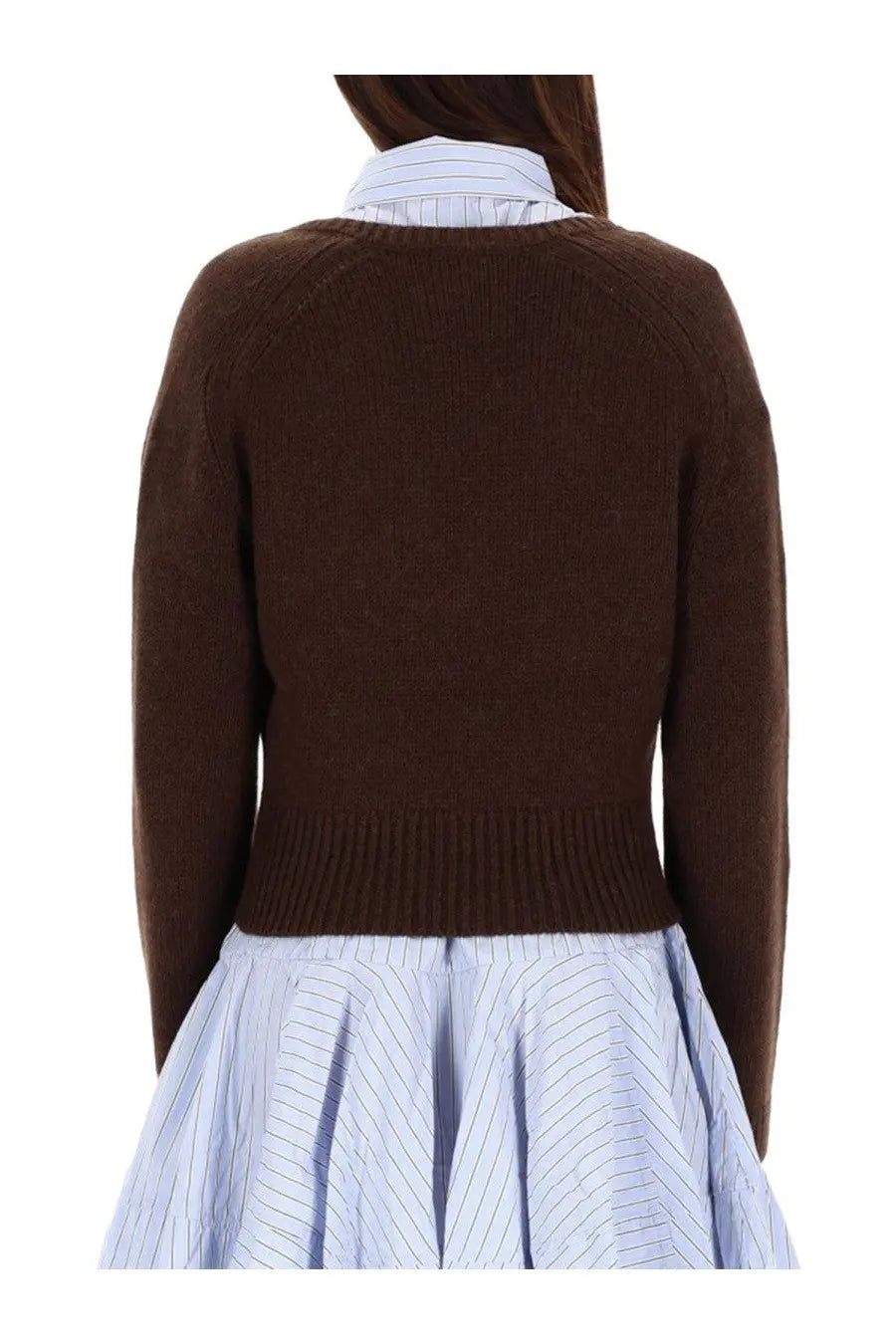 Ganni women’s neck sweater brown knitted with ribbed cuffs and hem worn over a light blue pinstriped shirt