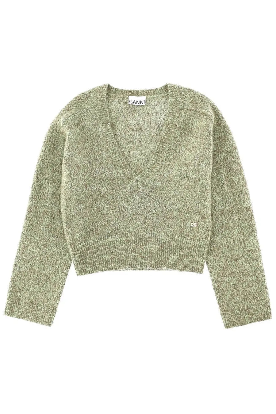 Ganni women’s green knit sweater with v-neck ribbed cuffs made of soft olive fabric for casual wear