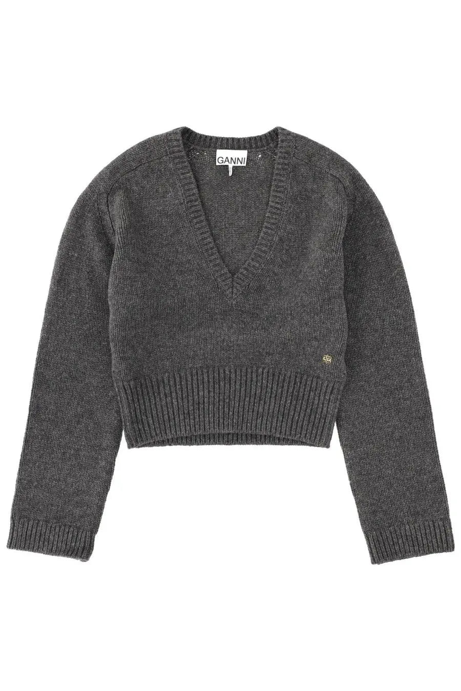 Ganni women’s dark gray cropped knit v-neck sweater with ribbed cuffs in grey color