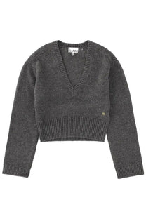 Ganni women’s dark gray cropped knit v-neck sweater with ribbed cuffs in grey color
