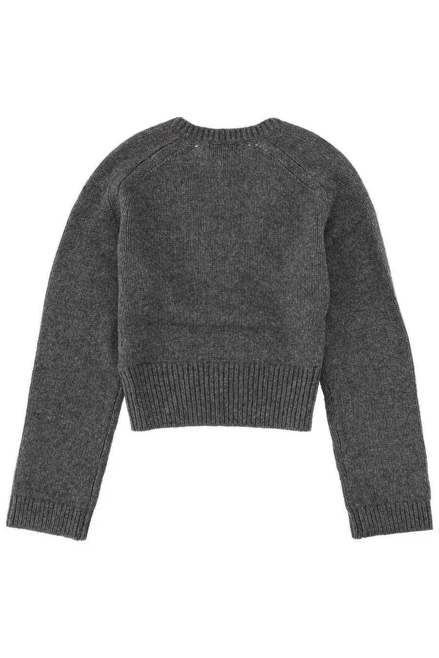 A dark gray ribbed-knit cropped sweater with a classic crew neck and long sleeves by Ganni women