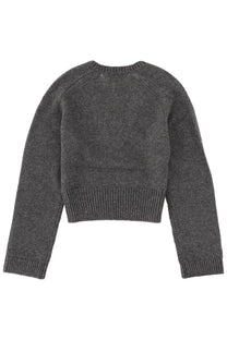 A dark gray ribbed-knit cropped sweater with a classic crew neck and long sleeves by Ganni women
