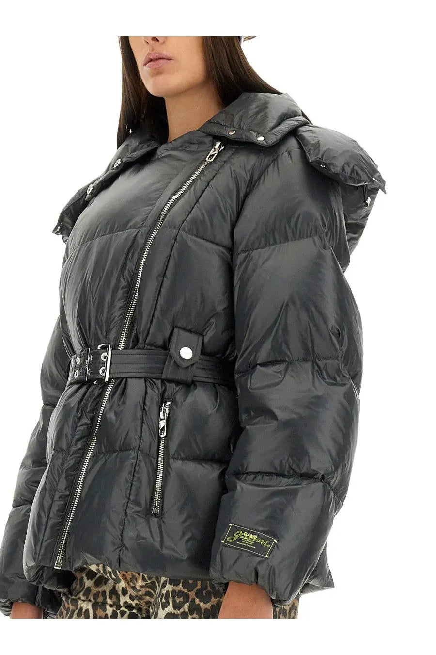 Ganni women’s black nylon puffer jacket with hood silver zippers and waist belt front view