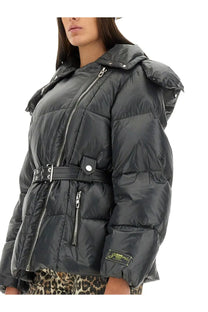 Ganni women’s black nylon puffer jacket with hood silver zippers and waist belt front view