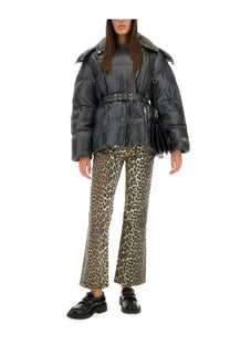 Ganni women’s black nylon puffer jacket with quilted design and detachable hood front view
