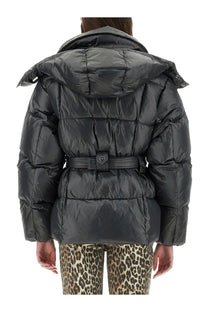 Ganni women’s black nylon quilted puffer coat with detachable hood and belt for cold weather