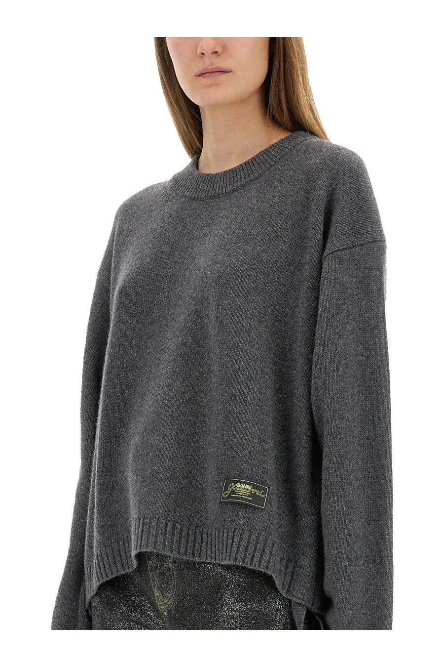 Ganni women’s oversize shirt grey in dark gray knit with ribbed crew neckline and hem in oversized fit