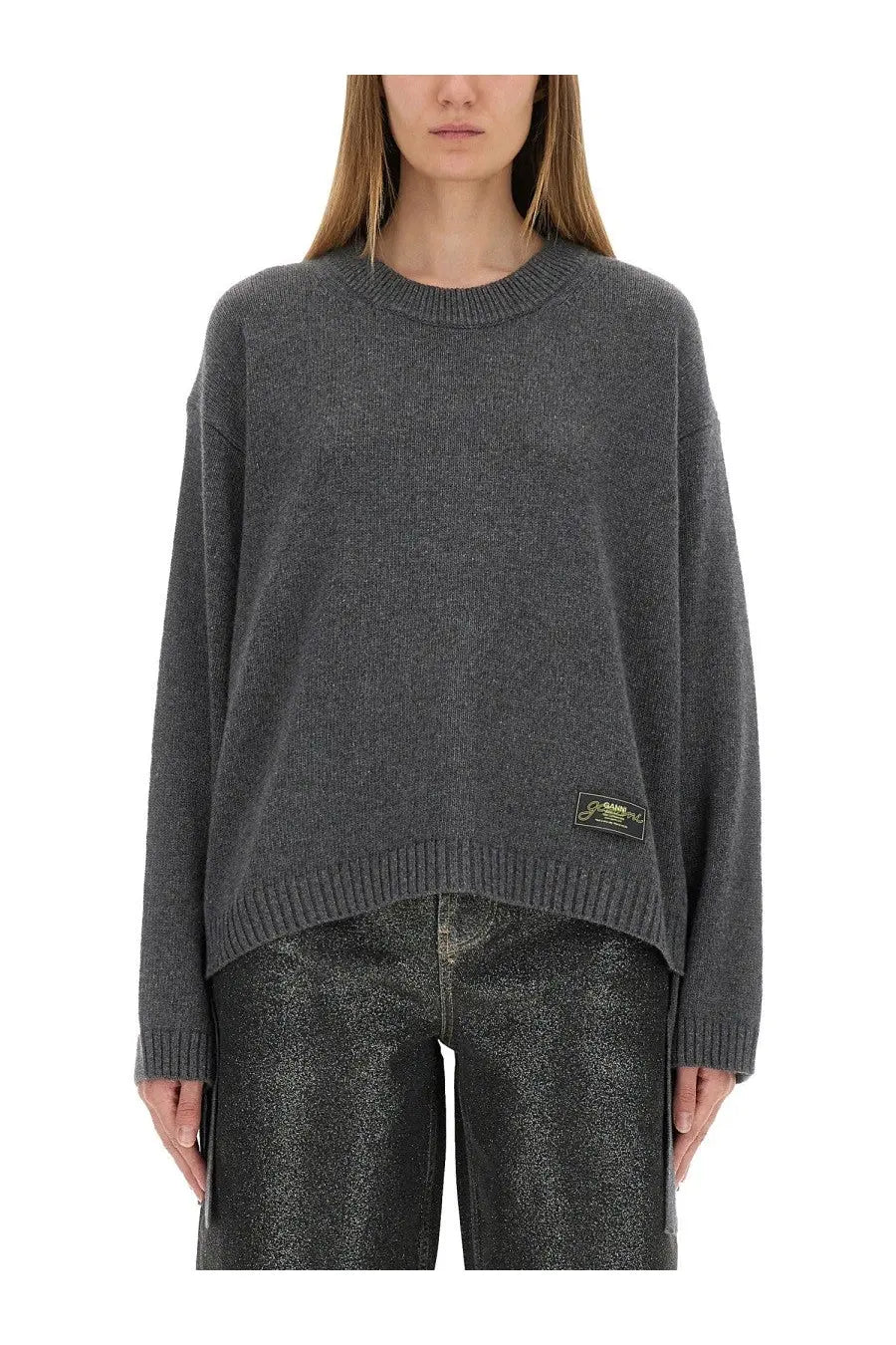 Ganni women’s oversize shirt grey dark gray knit sweater with ribbed crew neckline and hem front view