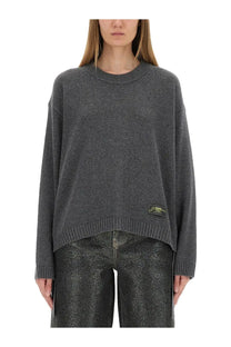 Ganni women’s oversize shirt grey dark gray knit sweater with ribbed crew neckline and hem front view