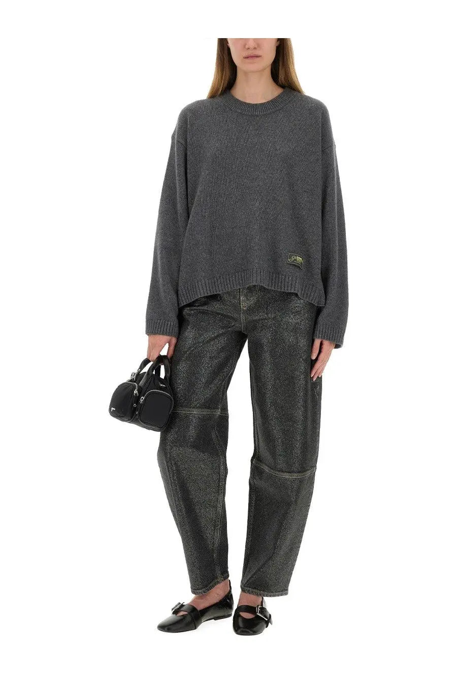 Ganni women’s oversize shirt grey dark gray textured knit sweater with ribbed hem cuffs and small sleeve patch
