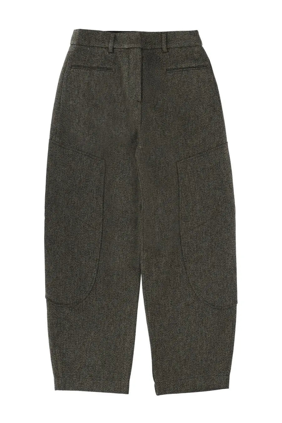 Ganni women’s dark gray textured wool trousers with large patch pockets and high waist in mouline green