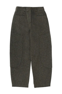 Ganni women’s dark gray textured wool trousers with large patch pockets and high waist in mouline green