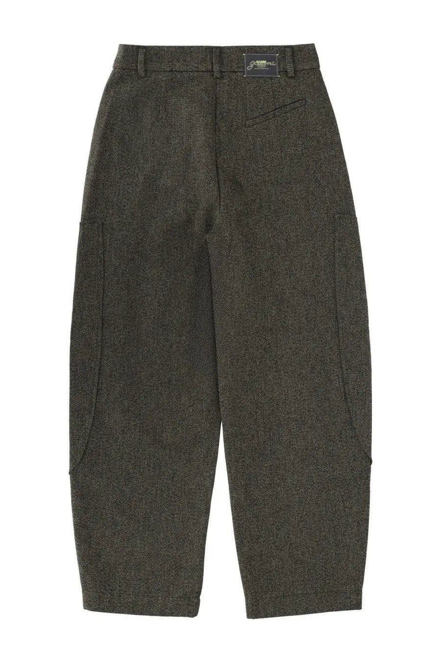 Ganni women’s pants mouline green dark olive green wool trousers with relaxed tapered fit and visible side pockets