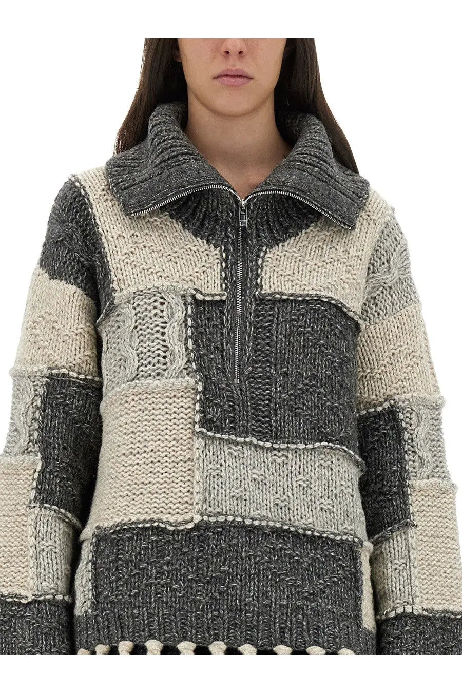 Ganni women’s chunky knit patchwork sweater in gray and off-white with high collar and half-zip front