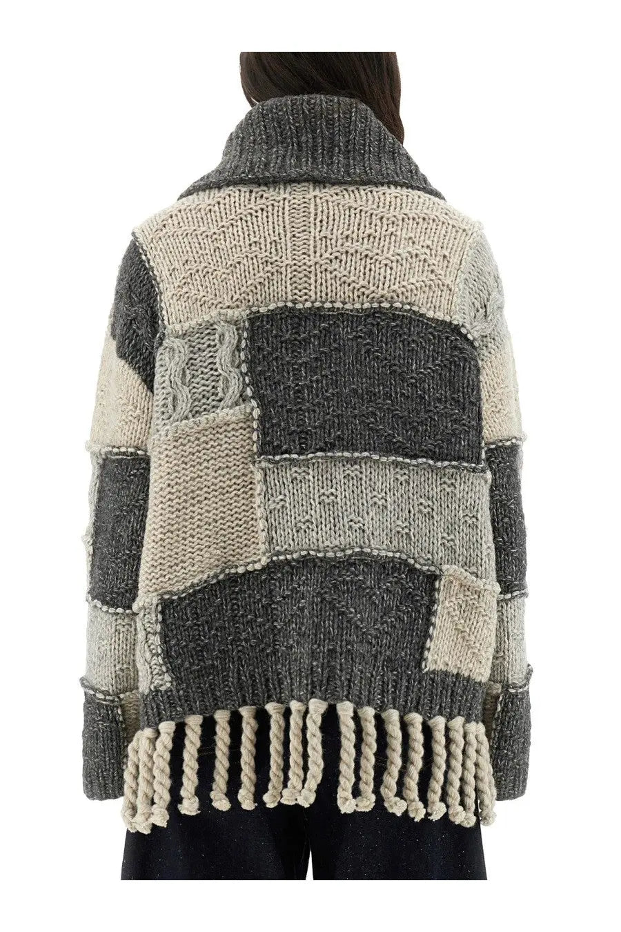 Ganni women’s patchwork knit cardigan in gray and beige with varied textures and a fringed hem