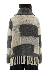 Ganni women’s patchwork knit cardigan in gray and beige with varied textures and a fringed hem
