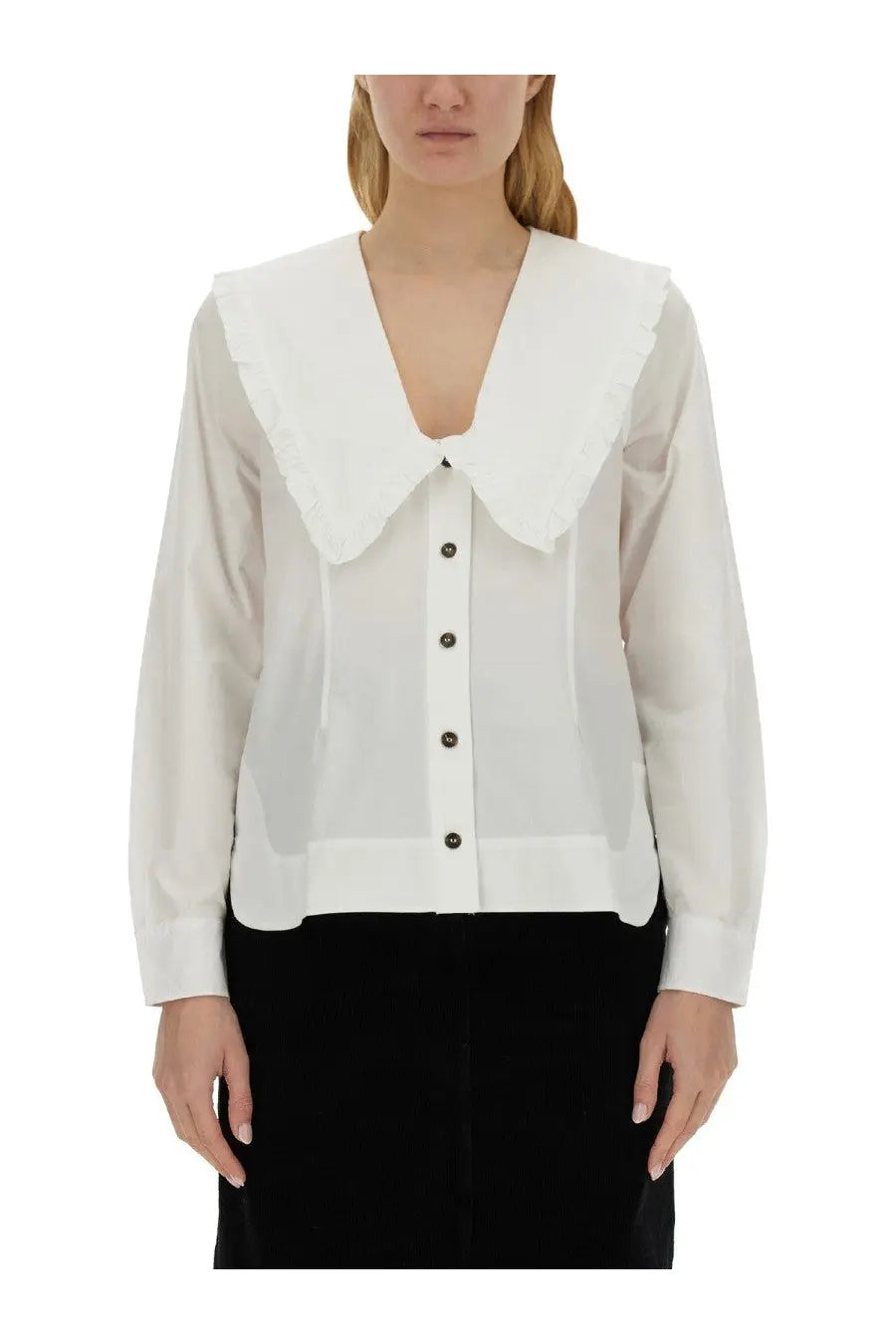 Ganni women’s white blouse with large ruffled peter pan collar and black buttons down the front