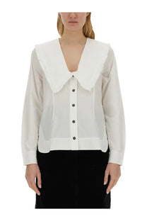 Ganni women’s white blouse with large ruffled peter pan collar and black buttons down the front
