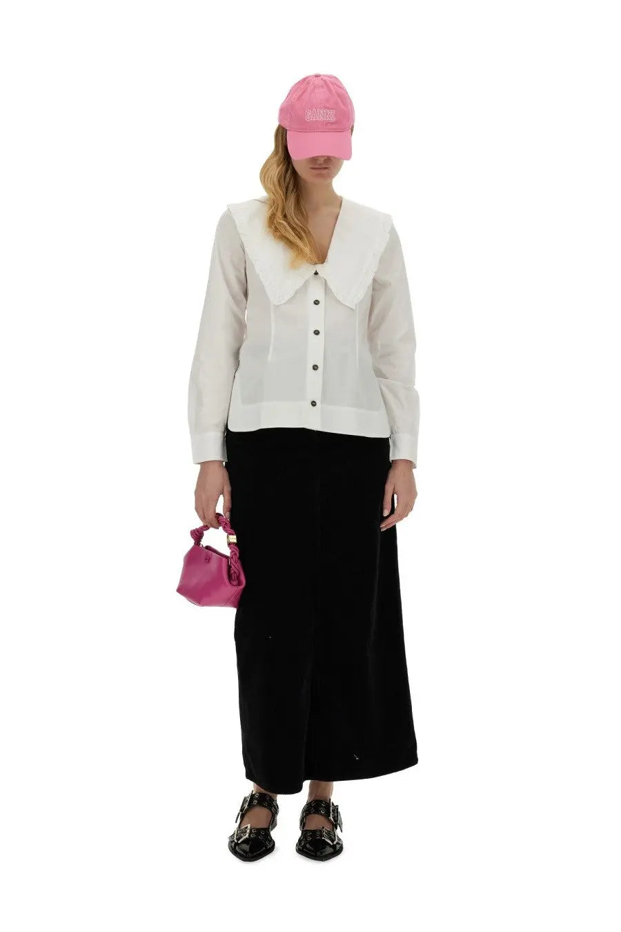 Pink structured mini handbag with top handle and metallic hardware paired with ganni women’s white peter pan collar shirt