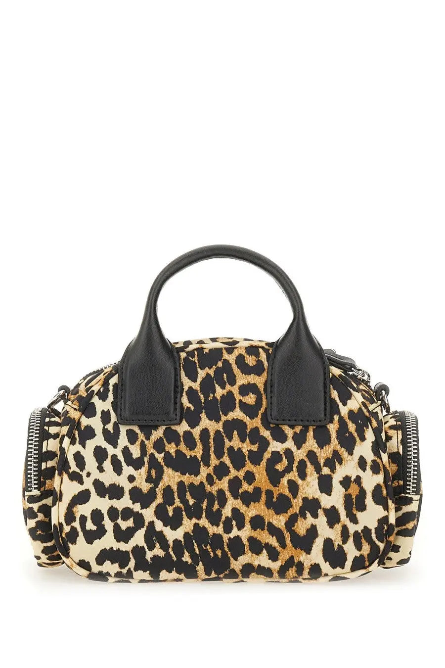 Ganni women’s polochon bag leopard print with black leather handles and zippers in a stylish design