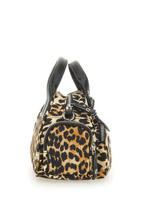 Ganni women’s Polochon bag leopard print handbag with black leather handles and zipper details