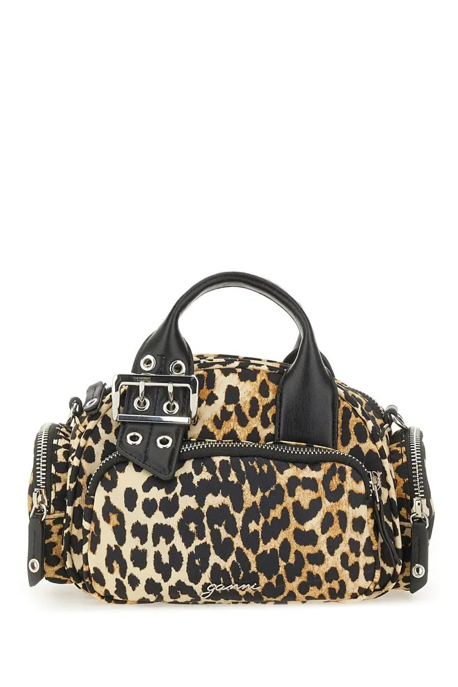 Ganni women’s polochon bag leopard print handbag with black leather handles and silver-tone buckle accents