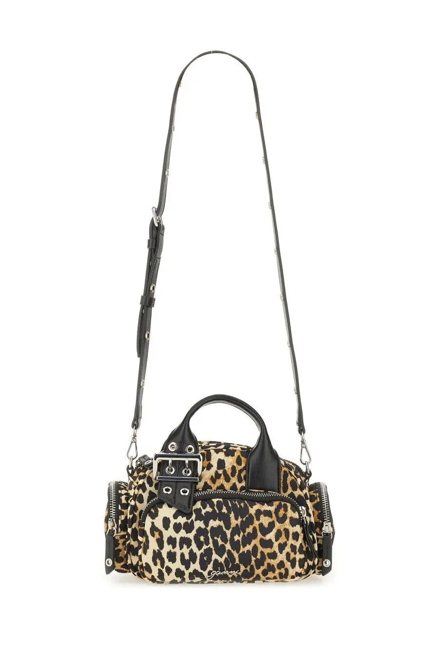 Ganni women’s Polochon bag leopard print shoulder bag with black leather accents and silver hardware