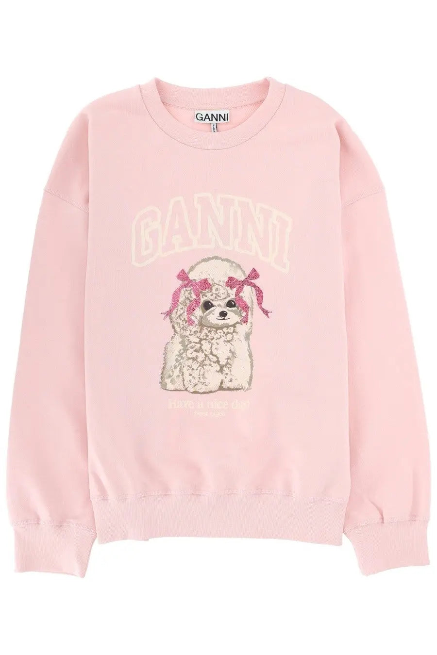 Ganni women’s soft pink sweatshirt with a playful poodle graphic and red ribbon details