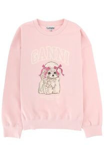 Ganni women’s soft pink sweatshirt with a playful poodle graphic and red ribbon details