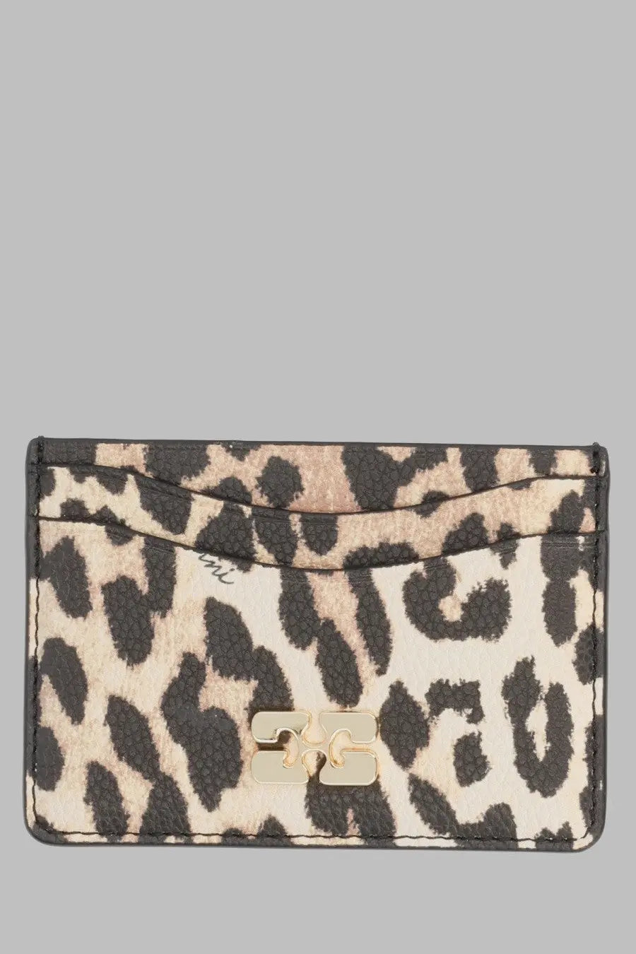 Leopard-print card holder with gold-tone logo clasp by Ganni in bou pattern for women’s everyday use