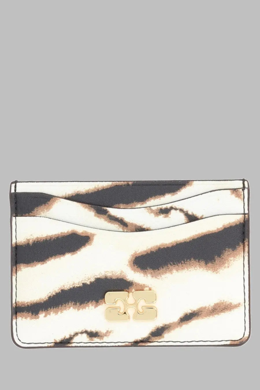 A sleek white and black zebra-print card holder with gold-tone logo clasp from Ganni women’s Portacarte Bou pattern
