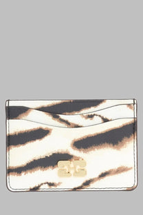 A sleek white and black zebra-print card holder with gold-tone logo clasp from Ganni women’s Portacarte Bou pattern