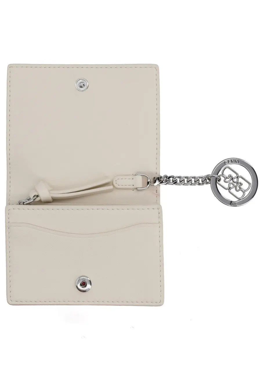 Ganni women’s portacarte raspberry beige cream leather card holder with silver hardware and chain keychain logo engraving