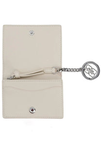 Ganni women’s portacarte raspberry beige cream leather card holder with silver hardware and chain keychain logo engraving