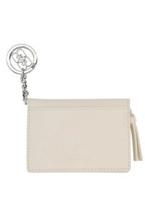 Cream-colored leather keychain wallet with silver circular logo charm and tassel from Ganni womens Portacarte raspberry beige