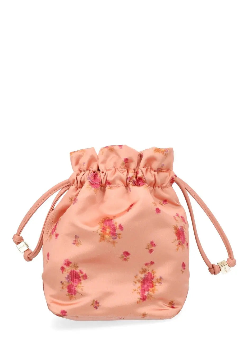 Ganni women’s pouch con stampa blue blush pink satin drawstring bag with delicate floral pattern and gold accents