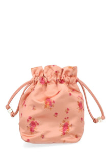 Ganni women’s pouch con stampa blue blush pink satin drawstring bag with delicate floral pattern and gold accents