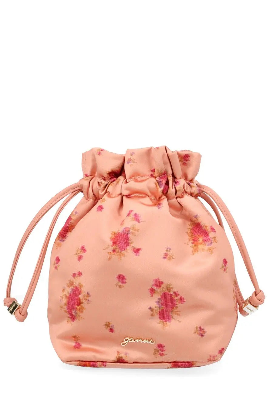 Ganni women’s pouch con stampa blue satin drawstring bag in blush pink with rose gold floral pattern and embroidered logo