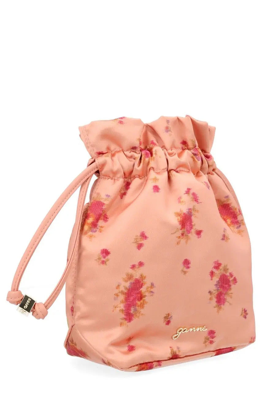 Ganni women’s pouch con stampa blue pink floral-patterned drawstring bag with satin finish and gold embroidered logo